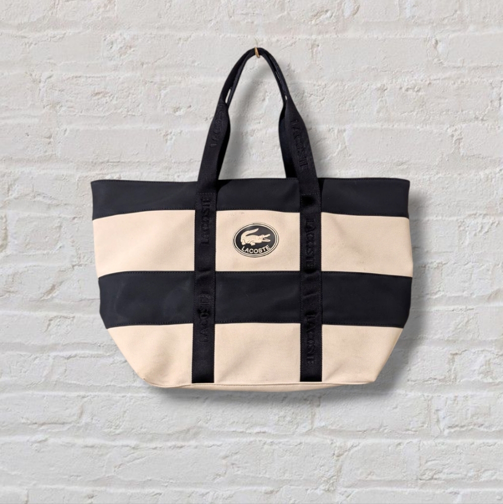 LACOSTE Striped Blue & White Waterproof Canvas Travel Shopping Tote Handbag